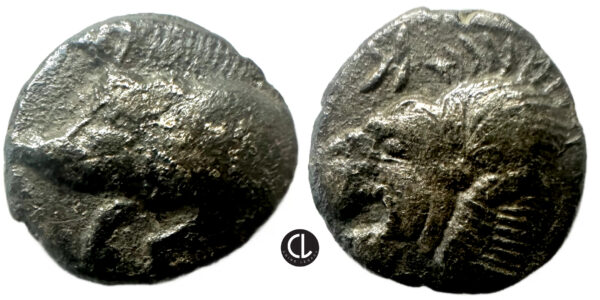 Mysia, Kyzikos, Circa 450-400 BC, AR Obol, Boar / Lion