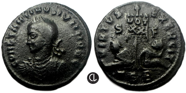 Constantine II, as Caesar, AE Follis, Thessalonica Mint, 317-337 AD - Banner Between Two Captives