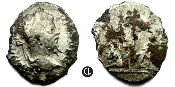 Septimius Severus, AR Denarius, Rome Mint, 201 AD - Trophy of Arms